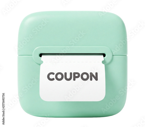 Cute 3D rendered mint green coupon dispenser with printed paper coupon emerging, isolated on transparent background, retail promotion concept for discounts, sales, vouchers, shopping and rewards