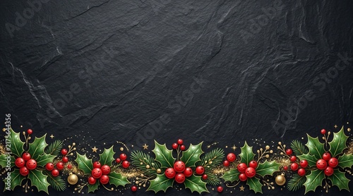 Red cherries christmas decoration frame dark grey background 