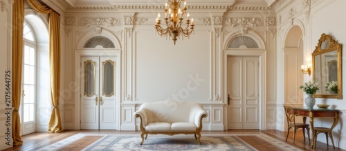 Elegant vintage living room with classic sofa, chandelier, ornate walls, and large arched windows.