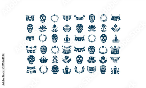 Day of the dead set with sugar skulls, floral wreaths, candles and bunting flags