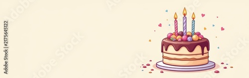 Illustration of a birthday cake with three lit candles and sprinkled decorations on a plate.