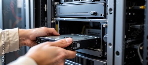 Technician installing or removing a hard drive from a desktop computer tower.
