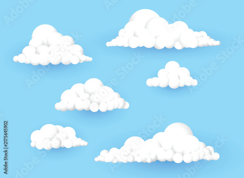 Fluffy White Clouds in Blue Sky, Soft Cloud Collection Weather Vector Illustration