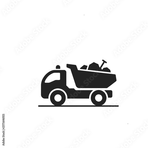 Black silhouette of a dump truck with a full load on transparent background