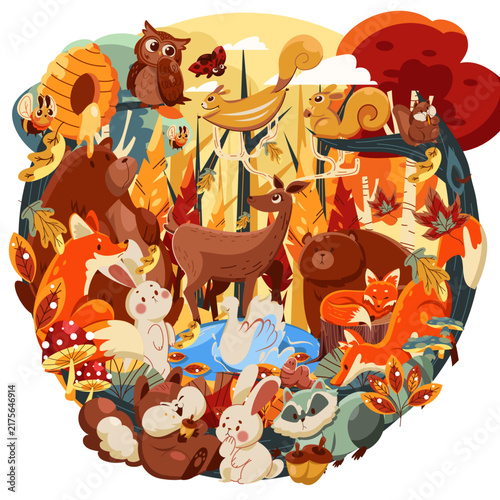 Autumn Forest Animals and Harvest Season Illustration Set
