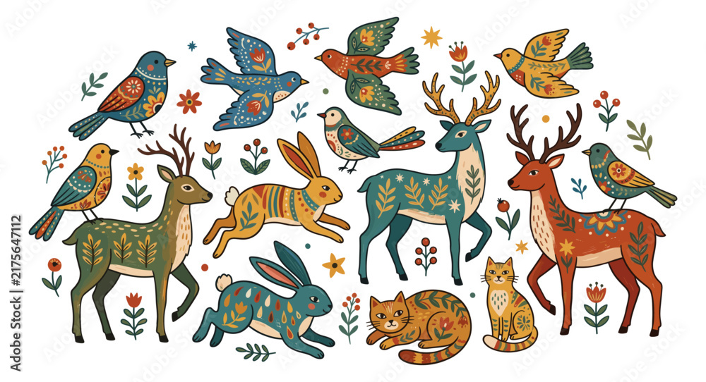 Fototapeta premium Folk art animal collection