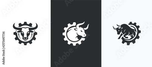 Set of Gear Bull logo design vector illustration. Combination of bull and gear logo