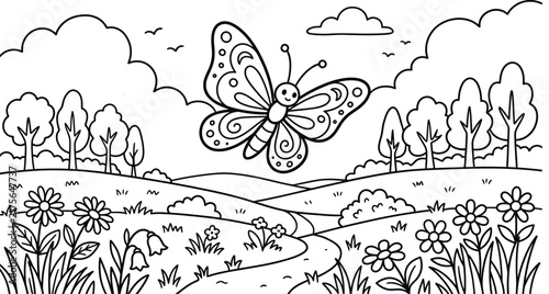 A beautiful butterfly in a meadow a detailed coloring page for kids and adults alike perfect for relaxation and creative expression