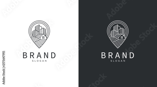 Modern abstract home and pin location logo design template. Line art icon logo of a house / home for property and location pin