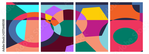 abstract triptych-style artwork geometric shapes such as circles, hexagons, and polygons rendered in a vibrant palette of teal, magenta, orange, and yellow.