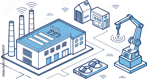 Industrial automation and smart factory concept with robotic arm, manufacturing plant, and wireless connectivity in a line