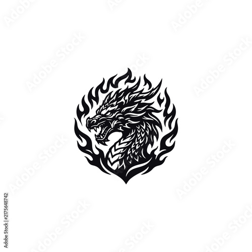 Canvas Print Fierce dragon head silhouette encased in stylized sharp tribal flames