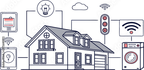 Smart home automation system with connected appliances, light bulb, wifi signals, and smartphone control interface in a line