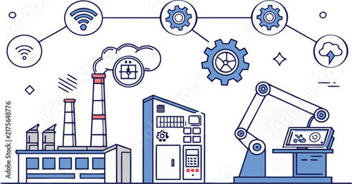 Smart factory automation network with robotic arm, industrial plant, gears, and wireless internet connectivity in a line