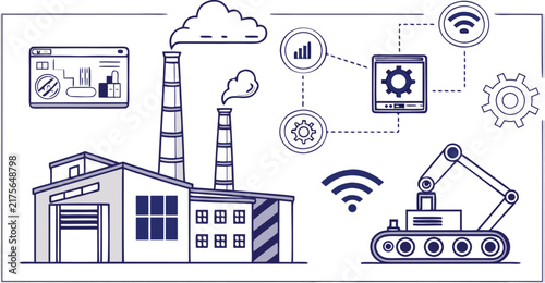 Industrial smart factory automation with robotic arm, wireless connectivity, and data monitoring interface in a line