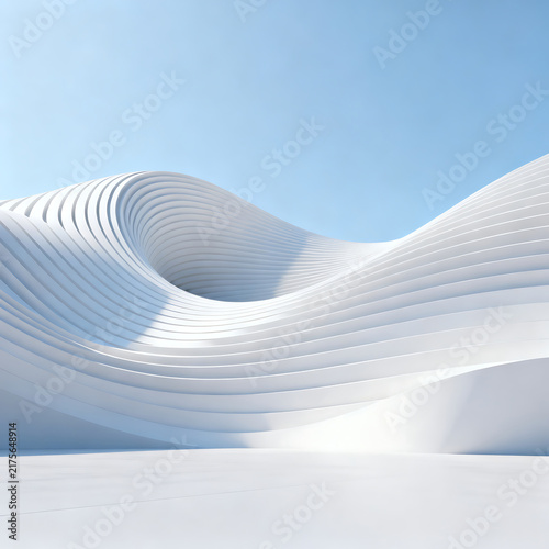 Abstract 3D render of white curved parametric lines forming a wavy architectural structure against a blue sky. Minimalist modern design