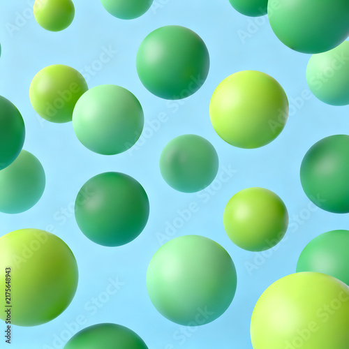 Abstract 3D geometric design with smooth green and lime spheres on a soft blue background. Minimalist futuristic wallpaper