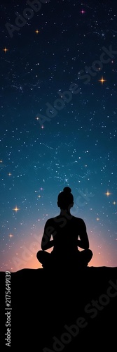 Silhouette sitting amidst twinkling stars, hands clasped in meditation pose, celestial, peaceful