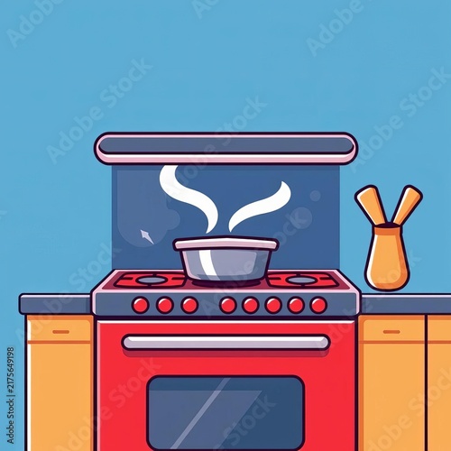Stylized kitchen stove icon with steam effect, simple, fog
