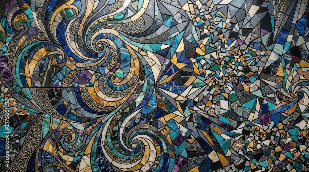 Fototapeta premium Abstract mosaic artwork featuring swirling patterns and fractured tiles representing emotional chaos