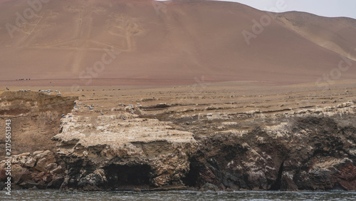 A gigantic ancient Inca geoglyph Candelabra of the Andes on the slope of a sandy hill. The famous trident pattern on the island. In the foreground — an eroded coastline, the ocean. Peru. Paracas 
 