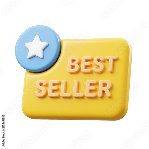 3d rendering of a yellow best seller badge with a blue star icon isolated on transparent background