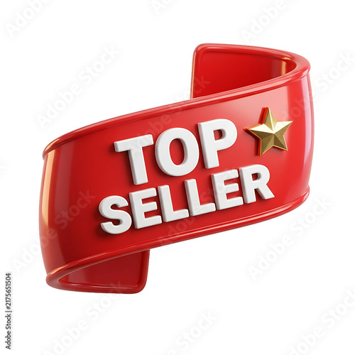 Glossy red top seller ribbon banner with white text isolated on transparent background