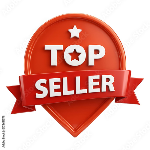 Realistic 3D red starburst badge with top seller ribbon isolated on transparent background