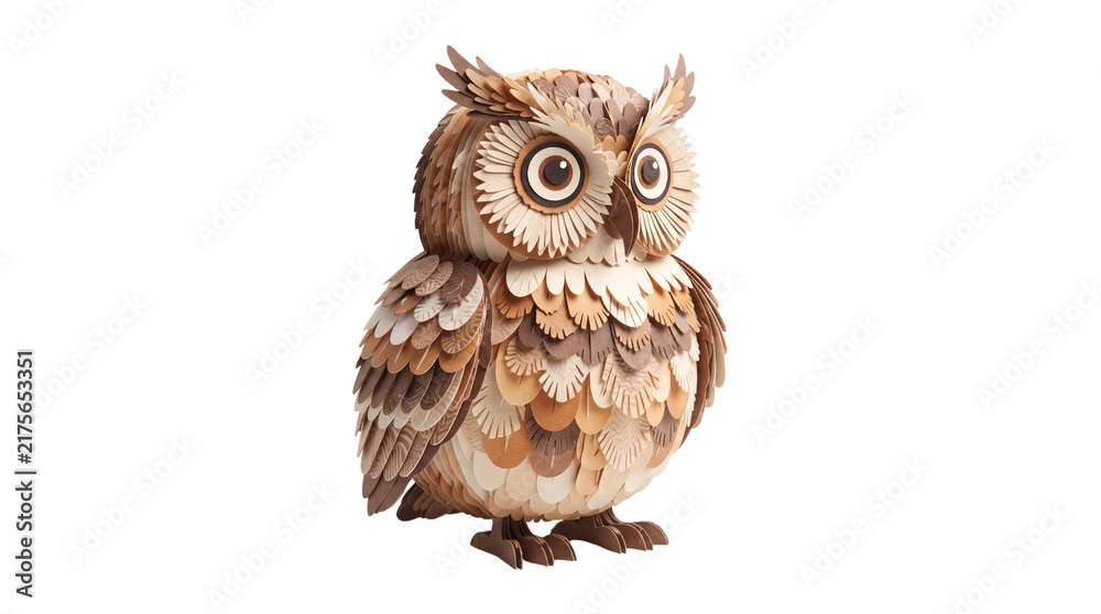 Fototapeta premium Handcrafted wooden owl figurine, rustic carved bird sculpture with layered timber feathers, decorative brown owl statue on white background