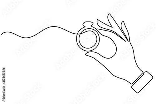 Ring line art showing a hand holding a ring with continuous line drawing and editable stroke vector graphic.
