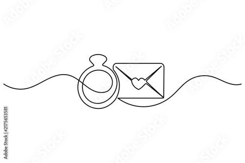 Ring line art featuring an engagement ring and love letter envelope with editable stroke in continuous one line art style