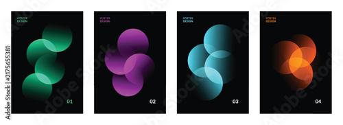 Abstract gradient circles poster template set vector modern minimal cover design collection with colorful transparent overlapping geometric sphere elements isolated on dark black background