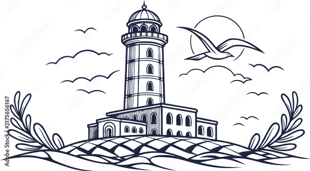Fototapeta premium Lighthouse on a rocky island with a seagull flying in front of a sun, surrounded by stylized waves and laurel branches on white