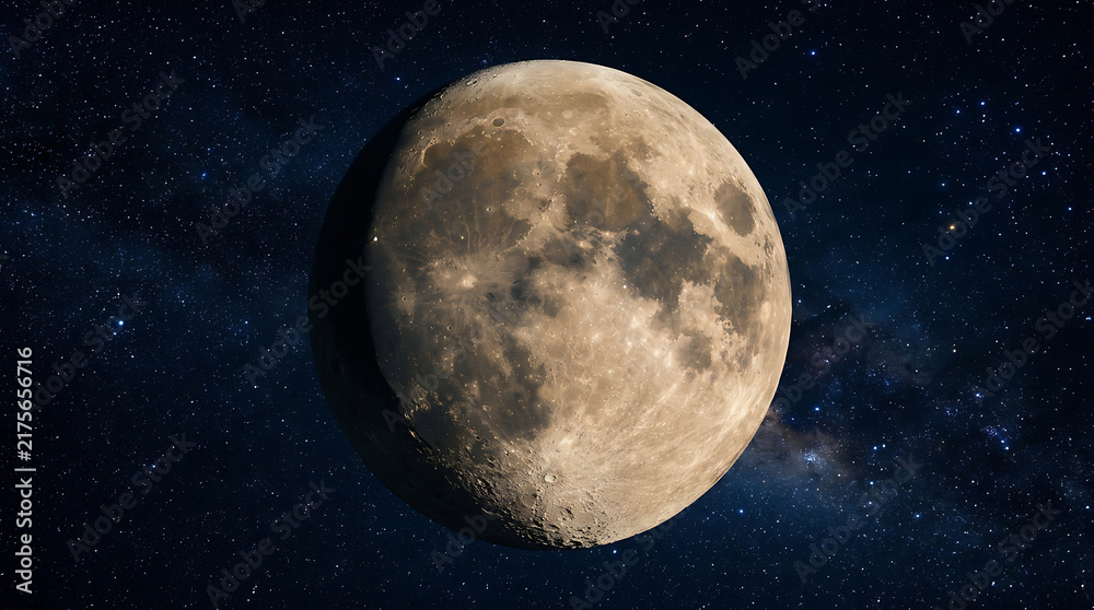 Fototapeta premium A waxing gibbous moon illuminated against a vast starry space background in the night sky