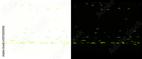 Abstract digital data glitch texture, green electronic noise pattern on black and white background, tech overlay effect