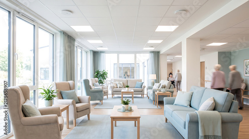 Bright modern senior care facility lounge featuring comfortable blue seating, large windows, and elderly residents in a clean healthcare environment.