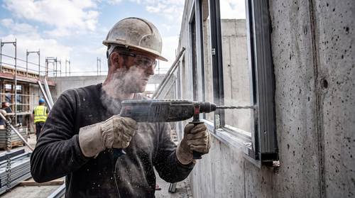 Worker drilling window frame with power tool on construction site, focused on task with safety gear and gloves