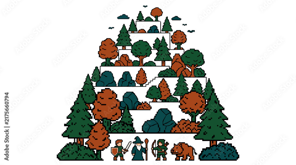Fototapeta premium Pixelart Fantasy Forest Pyramid with Knight Wizard Archer Boar
