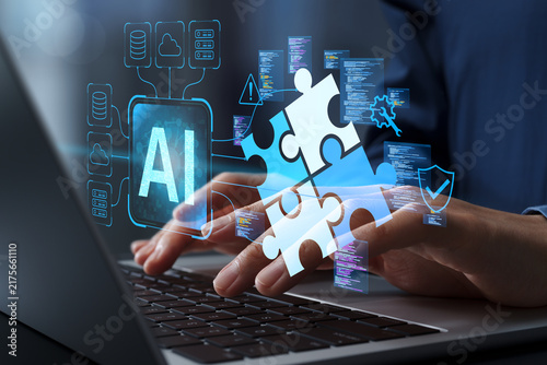 Obraz na płótnie AI coding agent automating software development tasks. Source code illustration and puzzle icons. Software engineer entering programming prompts into AI assistant on laptop.