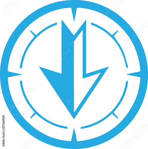 Blue download icon arrow pointing down inside target compass circle vector isolated on white background
