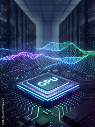 GPU chip on motherboard with colorful digital wave and server room background, futuristic technology concept
