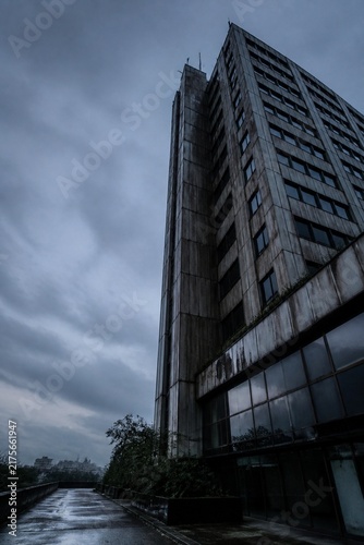 Vertical low angle view of an abandoned Japanese office tower