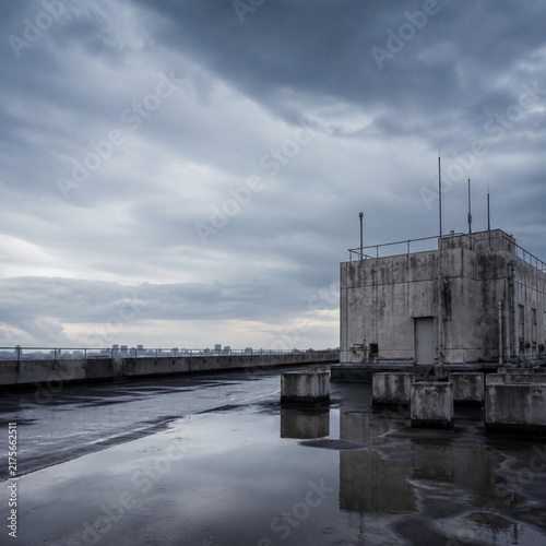 Square rooftop view of an abandoned Japanese office building