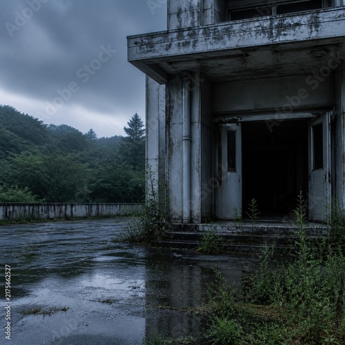 Square dark doorway of an abandoned Japanese hospital after rain