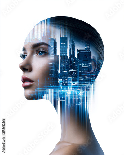 Double exposure portrait silhouette merged with futuristic city architecture and flowing data streams, subtle human-centered technology concept, cinematic blue lighting, sophisticated editorial