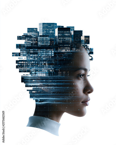 Double exposure portrait silhouette merged with futuristic city architecture and flowing data streams, subtle human-centered technology concept, cinematic blue lighting, sophisticated editorial