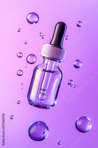 Dropper bottle with purple liquid and glass spheres on gradient purple background