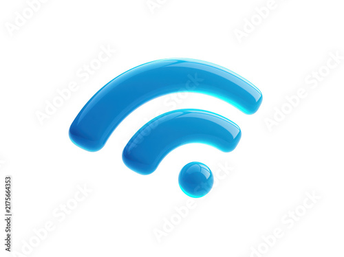 Glossy blue 3D Wi-Fi signal icon isolated on white background for internet connectivity