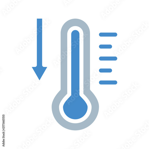 Icon Heatwave single flat thermometer depicting decreasing temperature with blue arrow and measurement scale