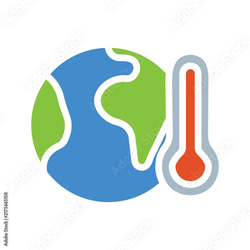 Icon Global Warming single flat vector illustration showing planet Earth with a red thermometer symbol